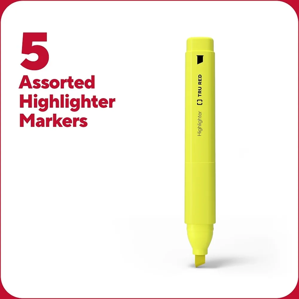 Highlighters|TRU RED ™ Tank Highlighter with Grip, Chisel Tip, Assorted, 5/Pack (TR54583)