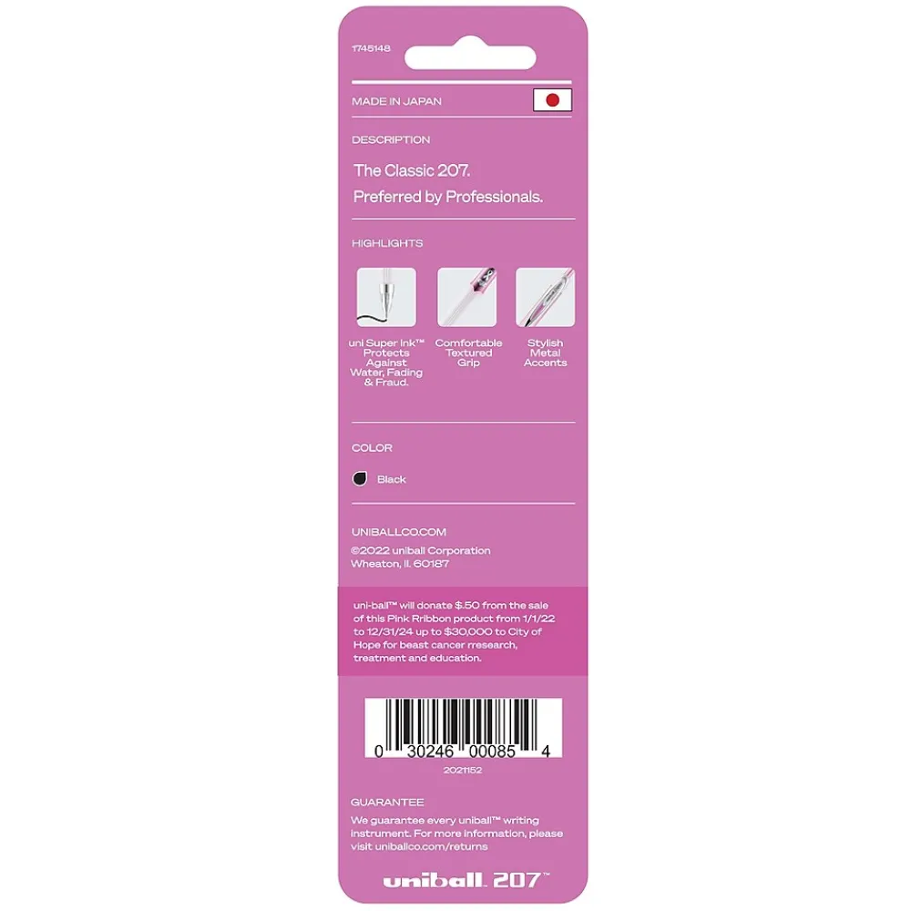 Pens|uni-ball uniball 207 Pink Ribbon Retractable Gel Pens, Medium Point, 0.7mm, Black, 2/Pack (1745148)