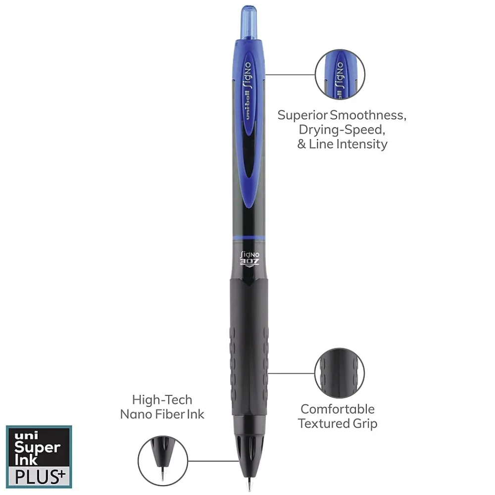 Pens|uni-ball uniball 307 Retractable Gel Pens, Medium Point, 0.7mm, Blue Ink, 3/Pack (1927593)