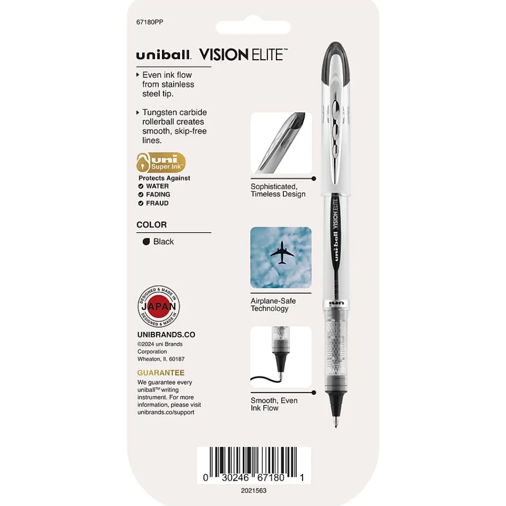 Pens|uni-ball Vision Elite Rollerball Pen, Bold Point, 0.8mm, Black Ink, 4/Pack (67180)