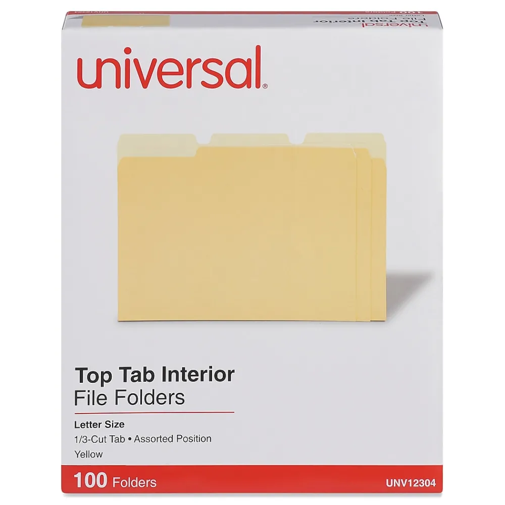 File Folders|Universal File Folder, Straight Cut, Letter Size, Yellow, 100/Box (UNV12304)