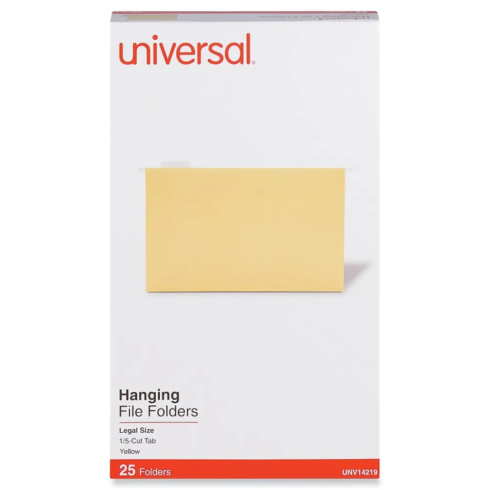 Hanging File Folders|Universal Recycled Hanging File Folder, Legal Size, Yellow, 25/Box (UNV14219)