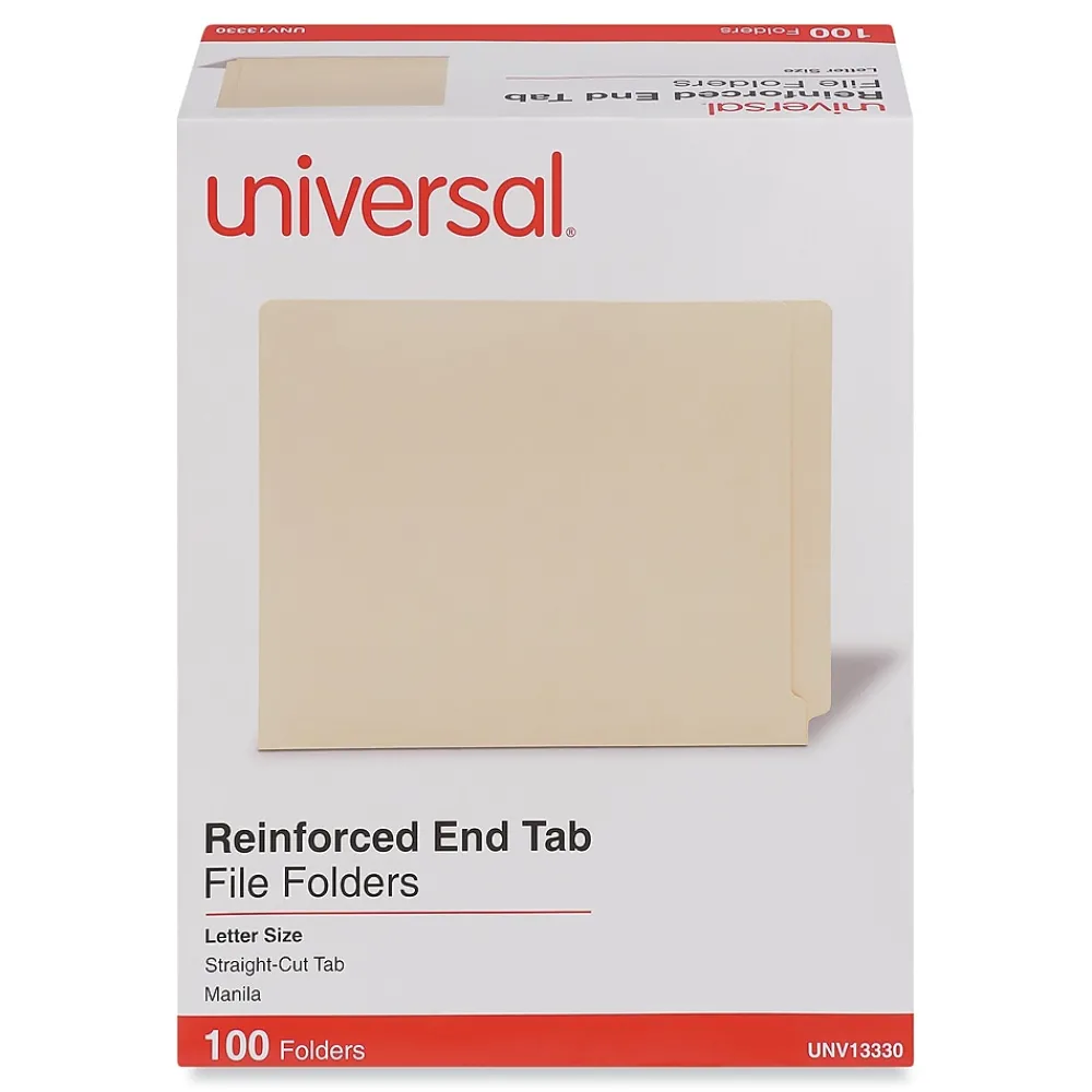 File Folders|Universal Reinforced File Folders, 1 Tab, Letter Size, Manila, 100/Box (UNV13330)