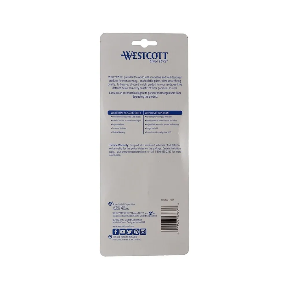 Scissors|Westcott 8" Stainless Steel Scissors, Silver/Blue/Gray, 2/Pack (17836)