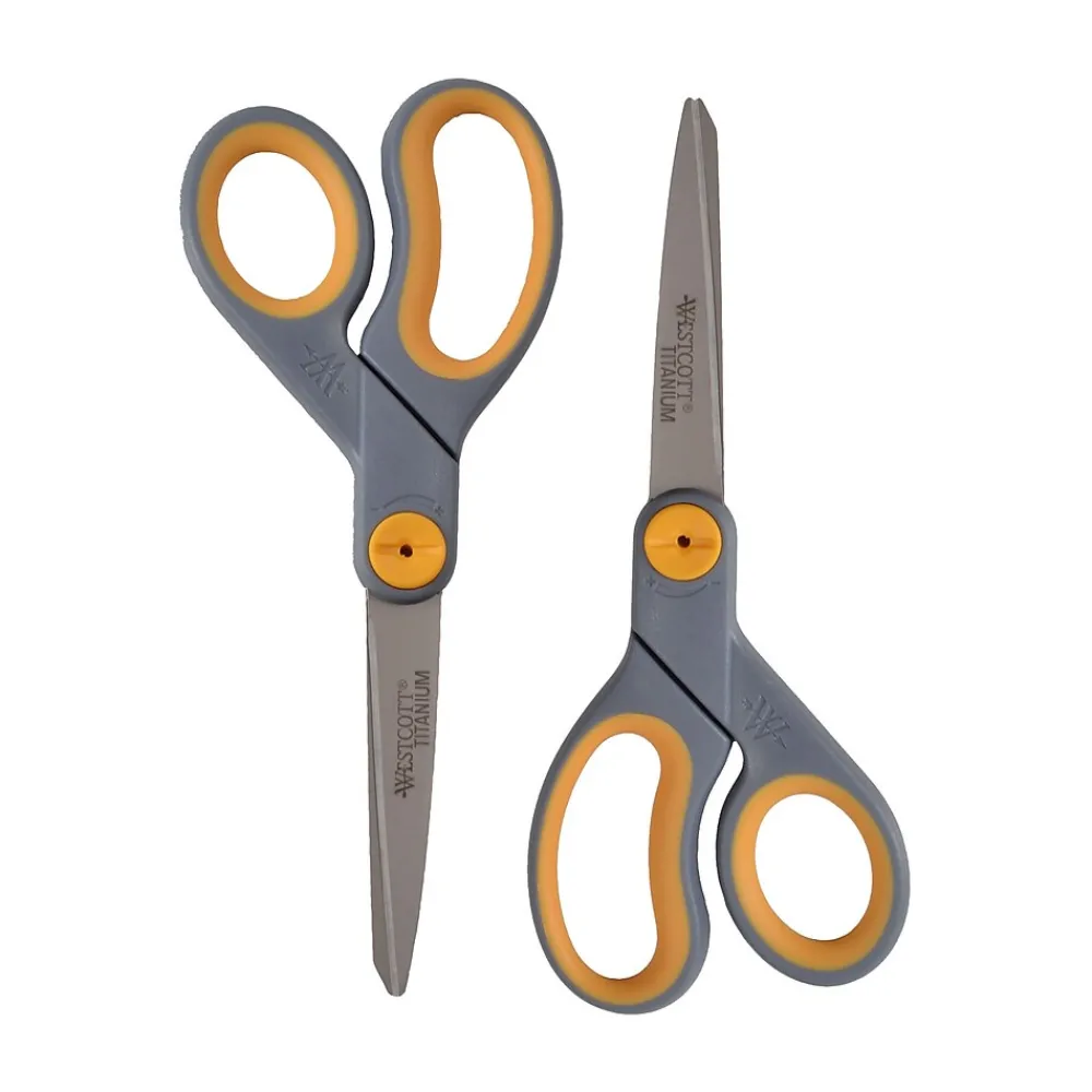 Scissors|Westcott Titanium Bonded 8" Titanium Heavy Duty General Purpose Scissor, Sharp Tip, Gray/Yellow, 2/Pack (13901)