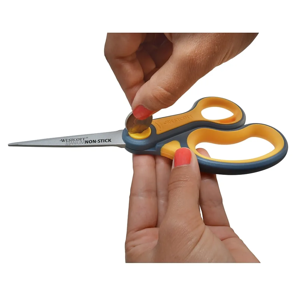 Scissors|Westcott Titanium Bonded Non-Stick 8" Scissors, Adjustable Glide, Pointed Tip, Gray/Yellow (14849)