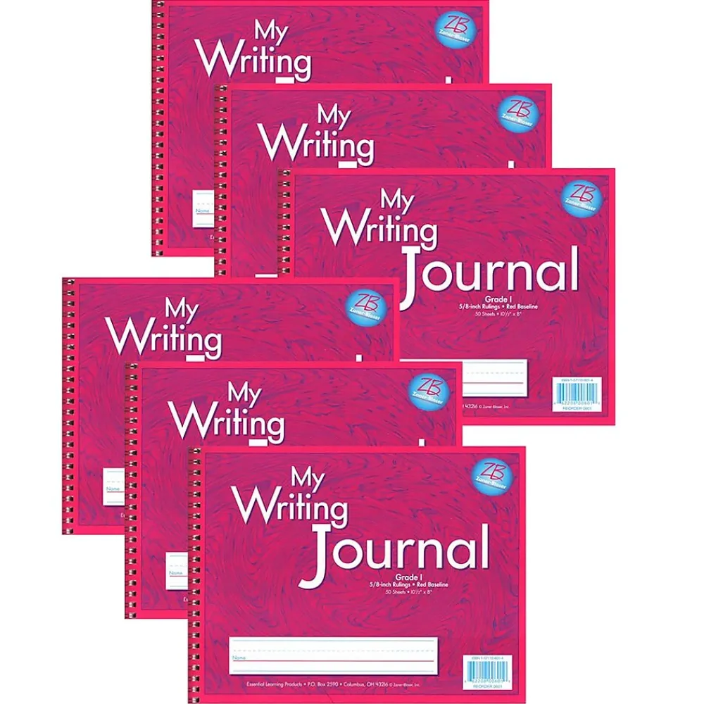 Composition Notebooks|Zaner-Bloser My Writing Journal Composition Notebooks, 8" x 10.5", Primary Ruled, 50 Sheets, Pink, 6/Bundle (ELP0601-6)
