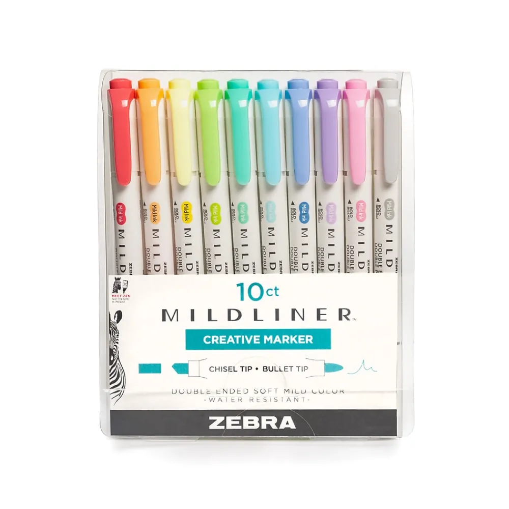 Highlighters|Zebra Mildliner Twin Tip Highlighters, Bullet/Chisel Tip, Complete Assorted, 10/Pack (78101)