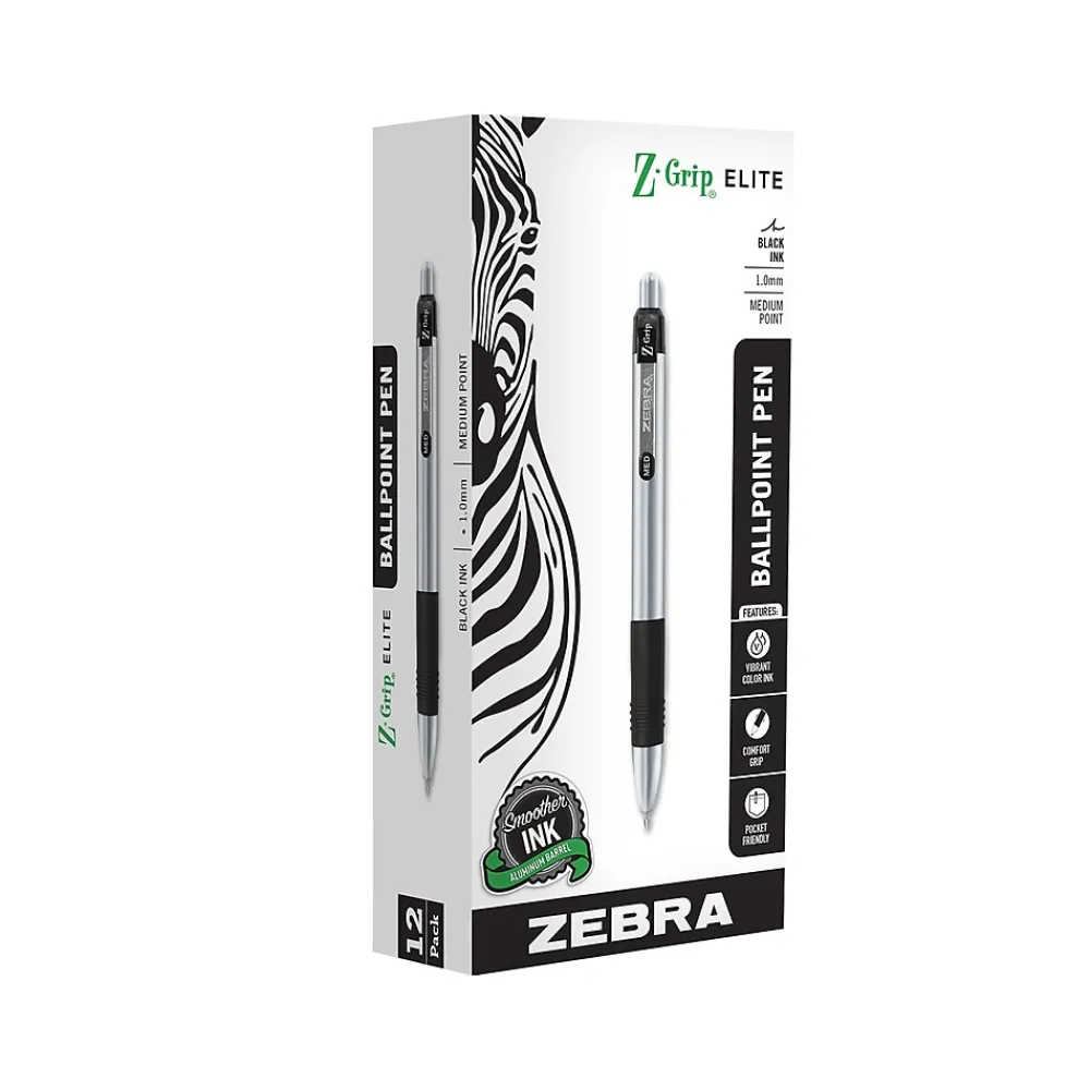 Pens|Zebra Z-Grip Elite Retractable Ballpoint Pen, Medium Point, 1.0mm, Black Ink, Dozen (27010)